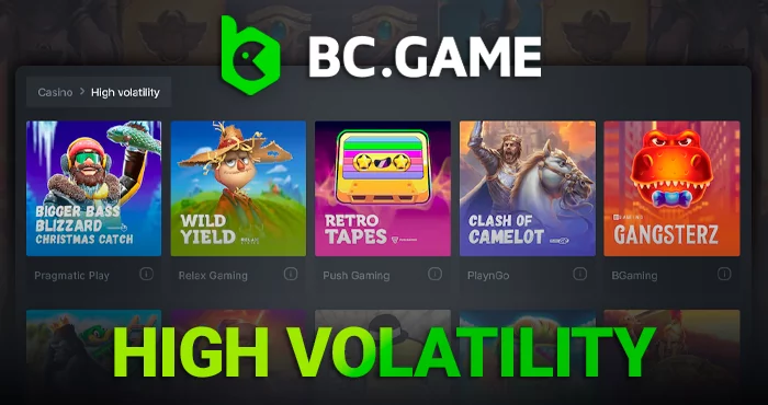 Top-tier high-volatility picks at BC Game, featuring titles like Shield of Sparta, Santa’s Great Gifts, and Retro Tapes.