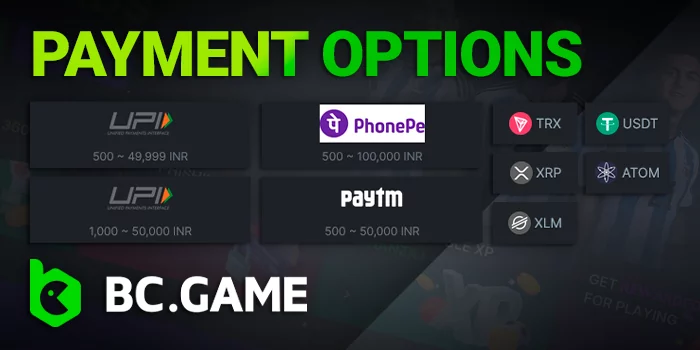 Flexible payment gateways at BC Game, including UPI, PhonePE, PayTM, and various Cryptocurrencies.