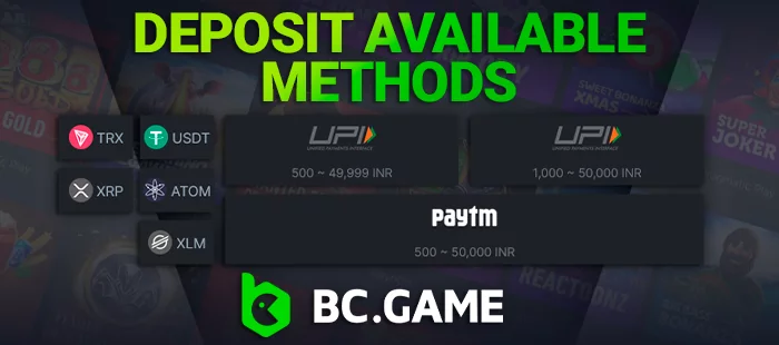 Supported deposit options at BC Game: UPI, Bitcoin, Ethereum, and USDT