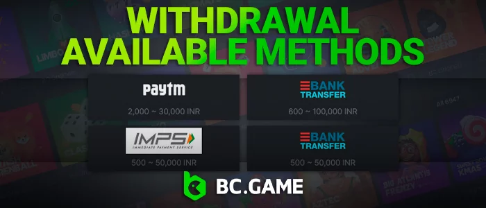 Supported withdrawal options at BC Game: PayTM, IMPS, and Direct Bank Transfers