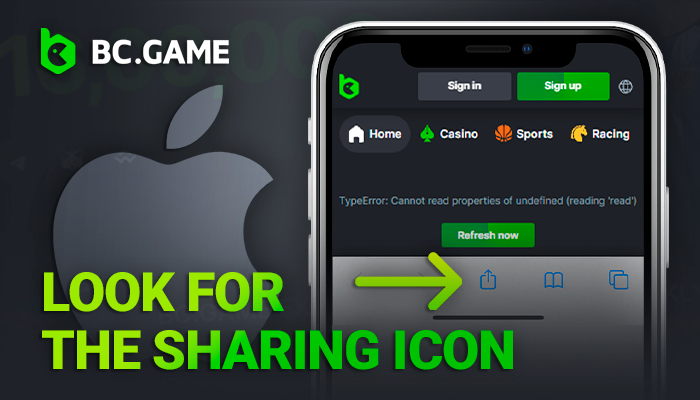 Locate the Share button in Safari for the BCGame iOS setup