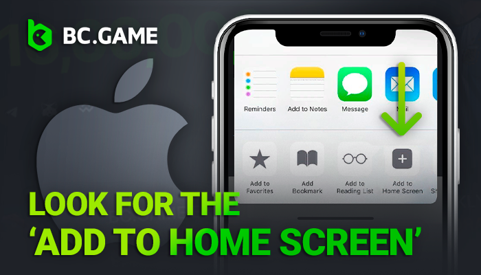 Click 'Add to Home Screen' to install the BCGame app on your iPhone