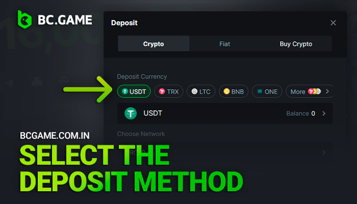 Selecting the currency for your BCGame deposit