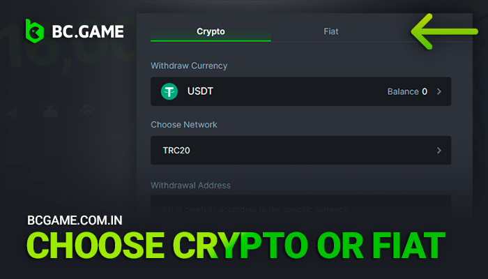 Picking a withdrawal method from the BCGame casino options