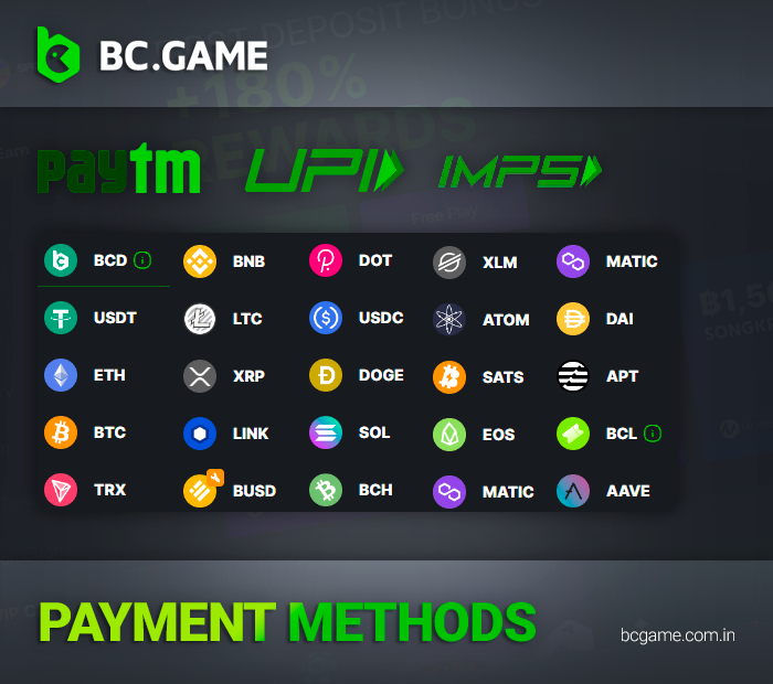 Payment methods available in the BC Game app